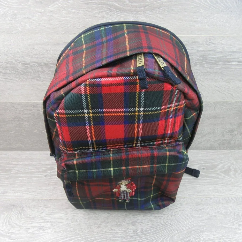 Polo Ralph Lauren Polo Bear Red Navy Plaid Check Backpack School Travel - Picture 4 of 16